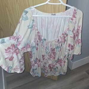 white birch Cream Floral Peasant Blouse with Pink & Teal Accents